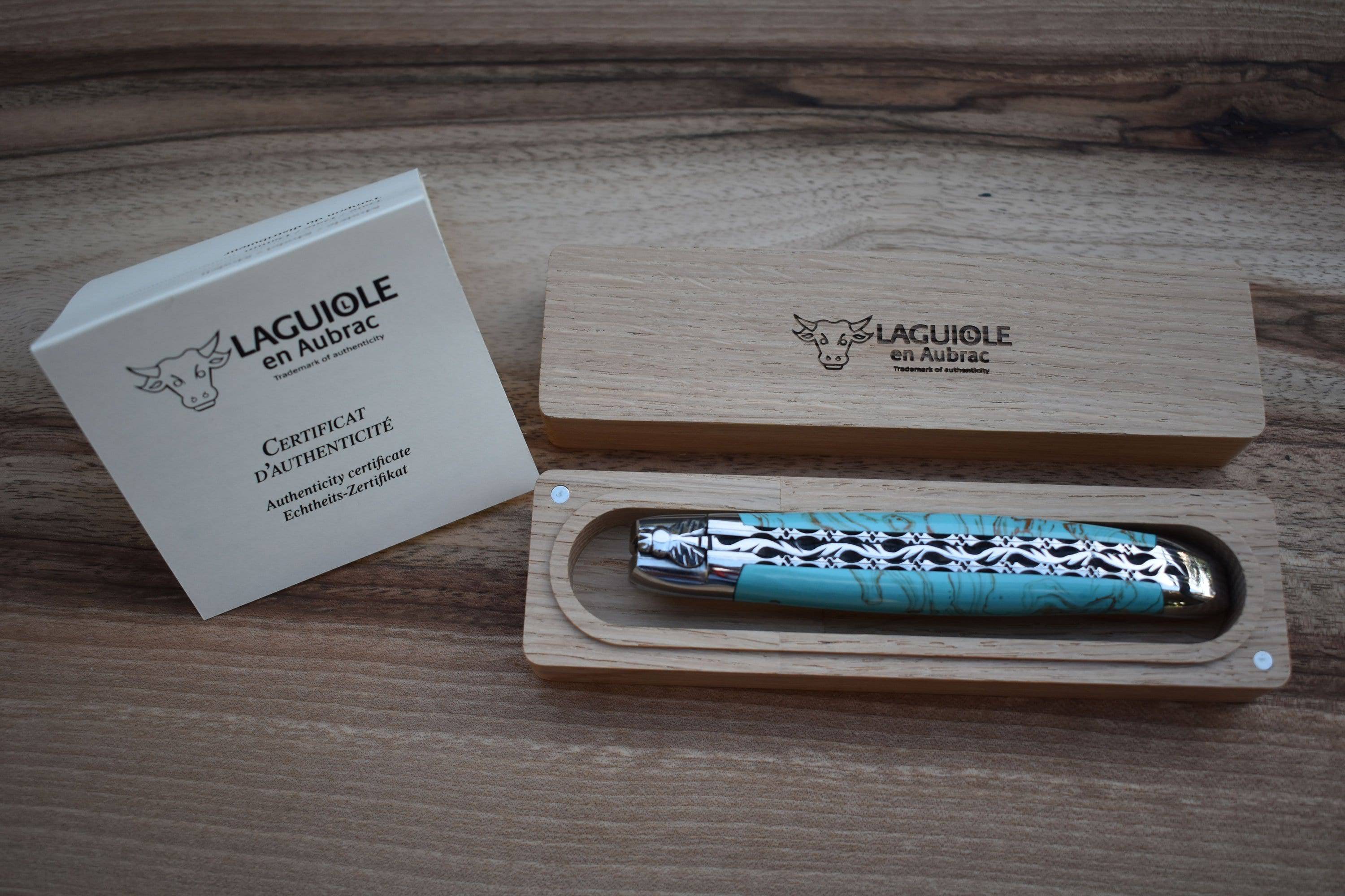 Laguiole en Aubrac Handcrafted Luxury Double Plated Multipurpose Knife with Turquoise Handle, 4.75-inches