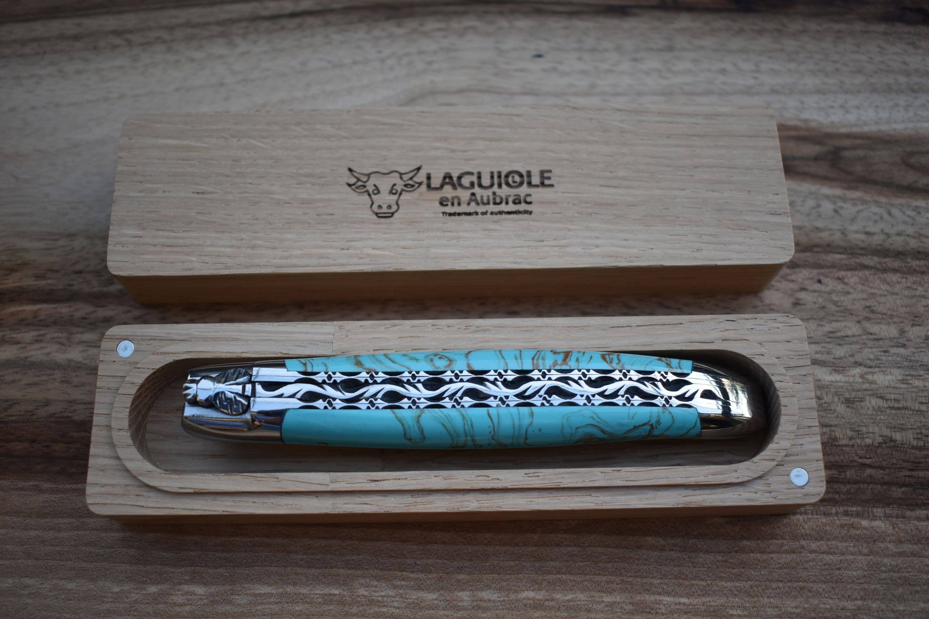 Laguiole en Aubrac Handcrafted Luxury Double Plated Multipurpose Knife with Turquoise Handle, 4.75-inches