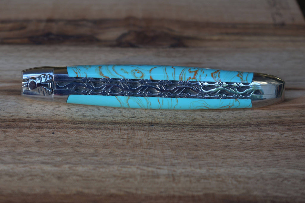 Laguiole en Aubrac Handcrafted Luxury Double Plated Multipurpose Knife with Turquoise Handle, 4.75-inches