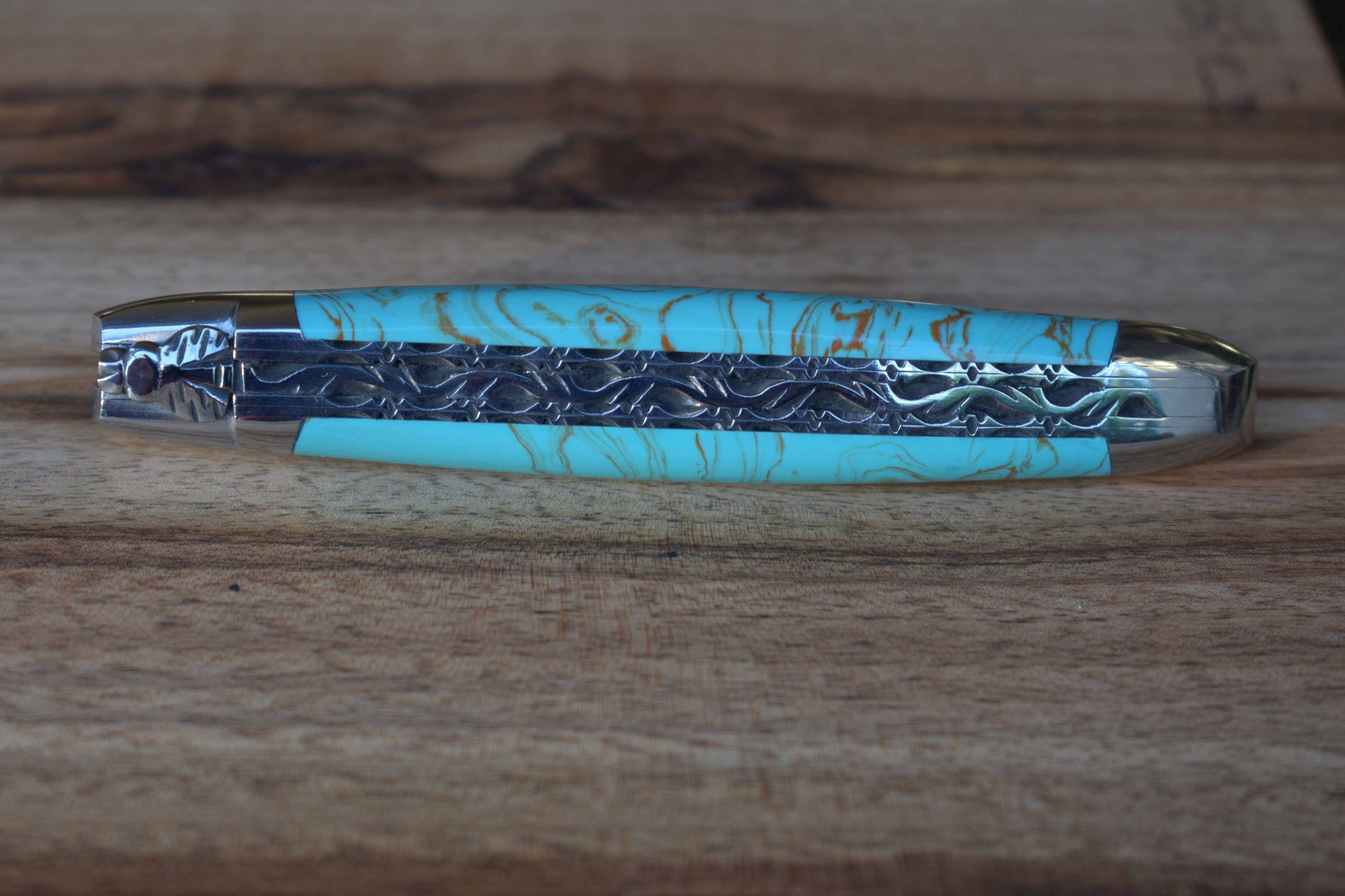 Laguiole en Aubrac Handcrafted Luxury Double Plated Multipurpose Knife with Turquoise Handle, 4.75-inches