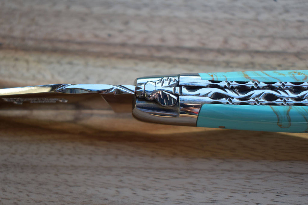 Laguiole en Aubrac Handcrafted Luxury Double Plated Multipurpose Knife with Turquoise Handle, 4.75-inches