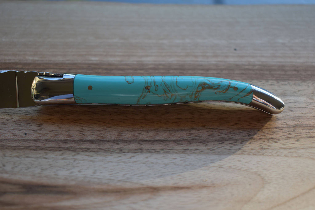 Laguiole en Aubrac Handcrafted Luxury Double Plated Multipurpose Knife with Turquoise Handle, 4.75-inches