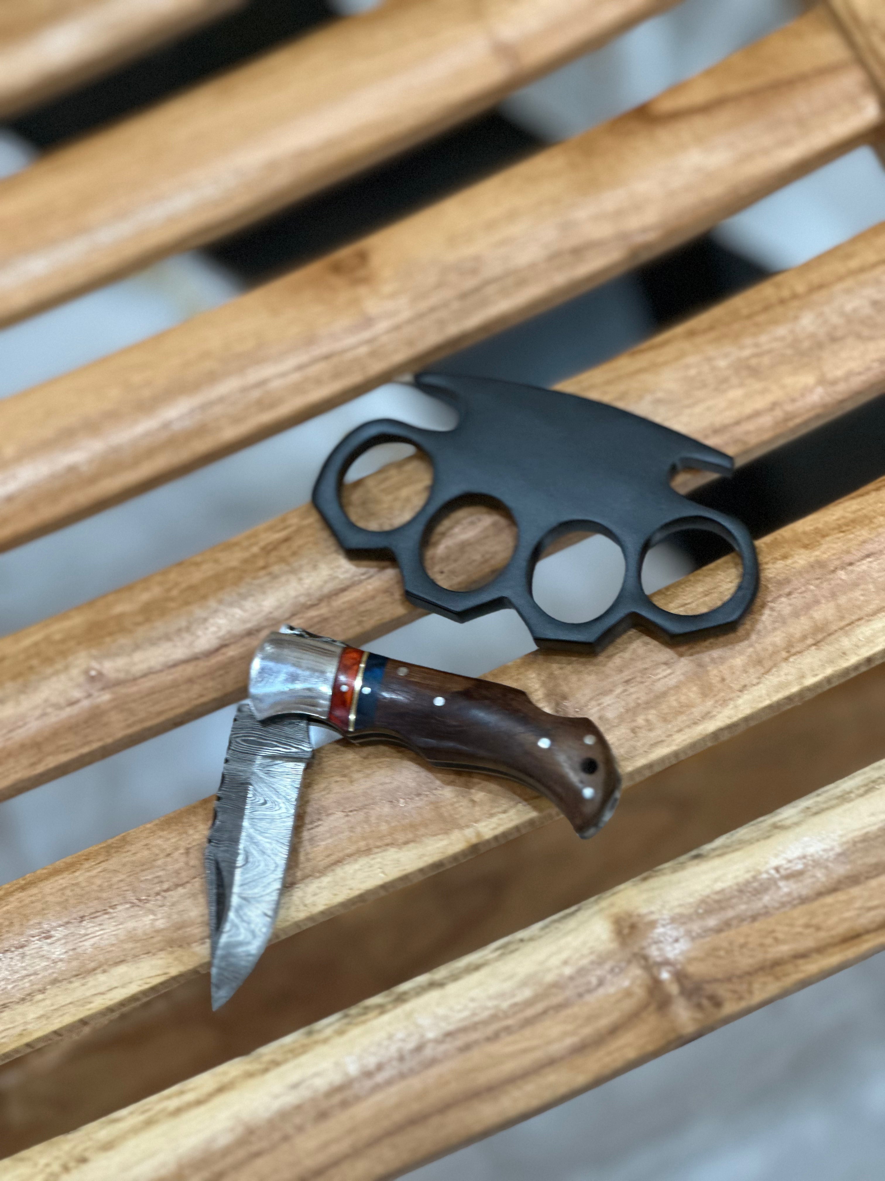 Custom Handmade Black Steel Knuckle Duster with Pocket Knife & Belt Loop Leather Case - Solid Brass Construction