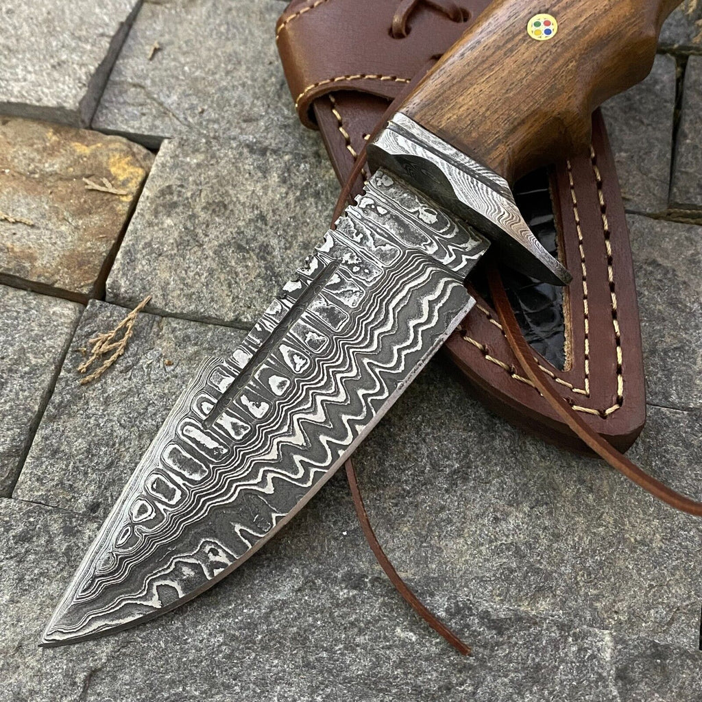 Best Hunting Knife with Custom Handmade Damascus Steel Blade, Damascus Steel Guard & Rosewood Handle – Includes Leather Sheath