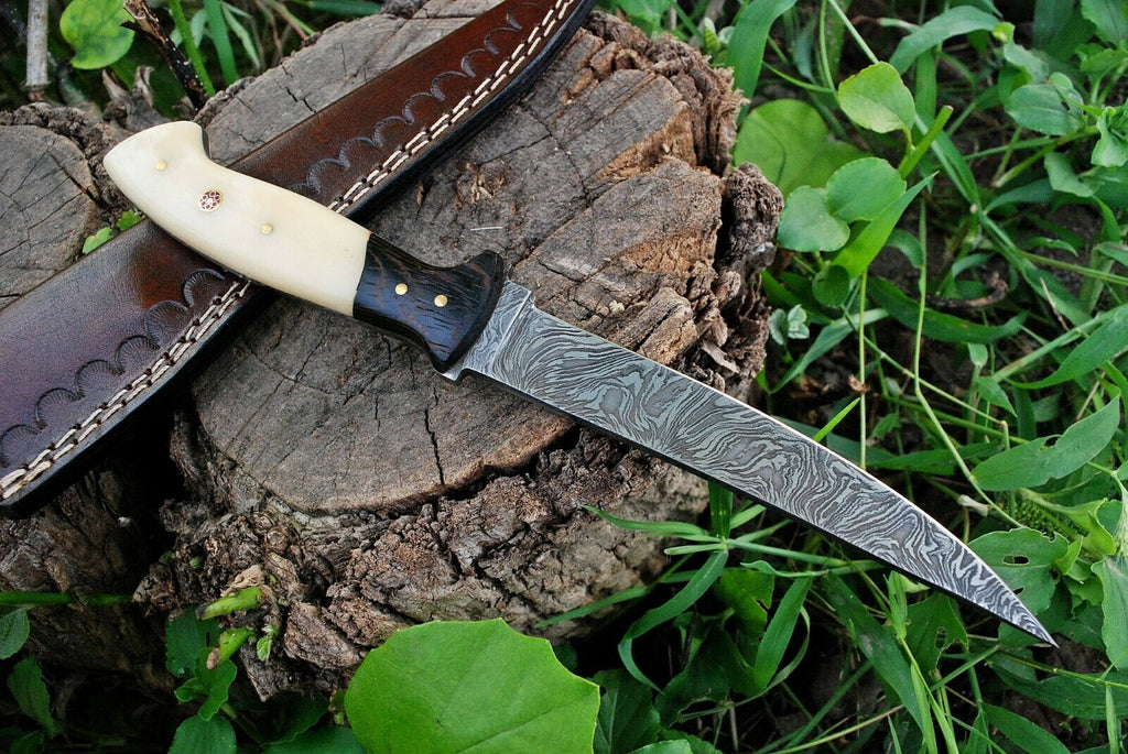 Custom Handmade Damascus Fishing Fillet Knife - 11" Blade with Wenge Wood and Bone Handle & Leather Sheath | Top Flexible Fillet Knives
