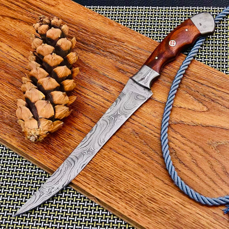 Custom Handmade Damascus Steel Fishing Fillet Knife - 13" with Rosewood Handle and Damascus Steel Bolster