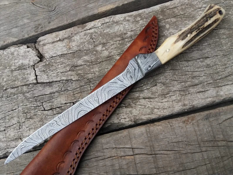 Custom Handmade Damascus Steel Fishing Fillet Knife - 13" Blade with Antler Horn Handle and Damascus Guard & Leather Sheath | Best Flexible Fillet Knives