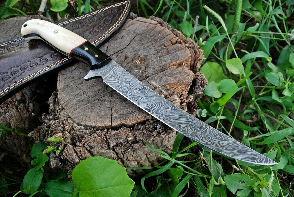 Custom Handmade Damascus Fishing Fillet Knife - 13" Blade with Bone and Micarta Handle & Leather Sheath | Best Flexible Fillet Knives