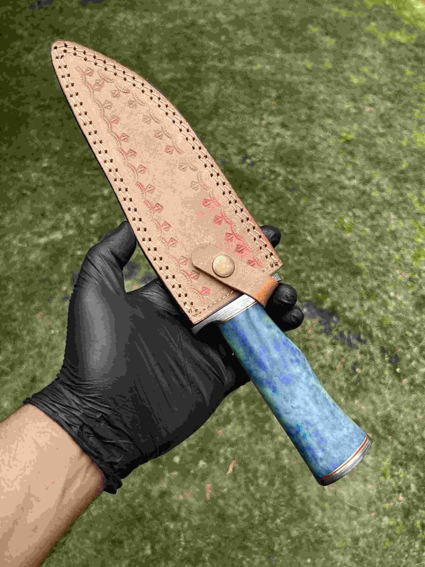 Custom Damascus Steel Bowie Knife with Color Bone Handle and Damascus Steel Guard | 13" Overall Length | Includes Leather Sheath