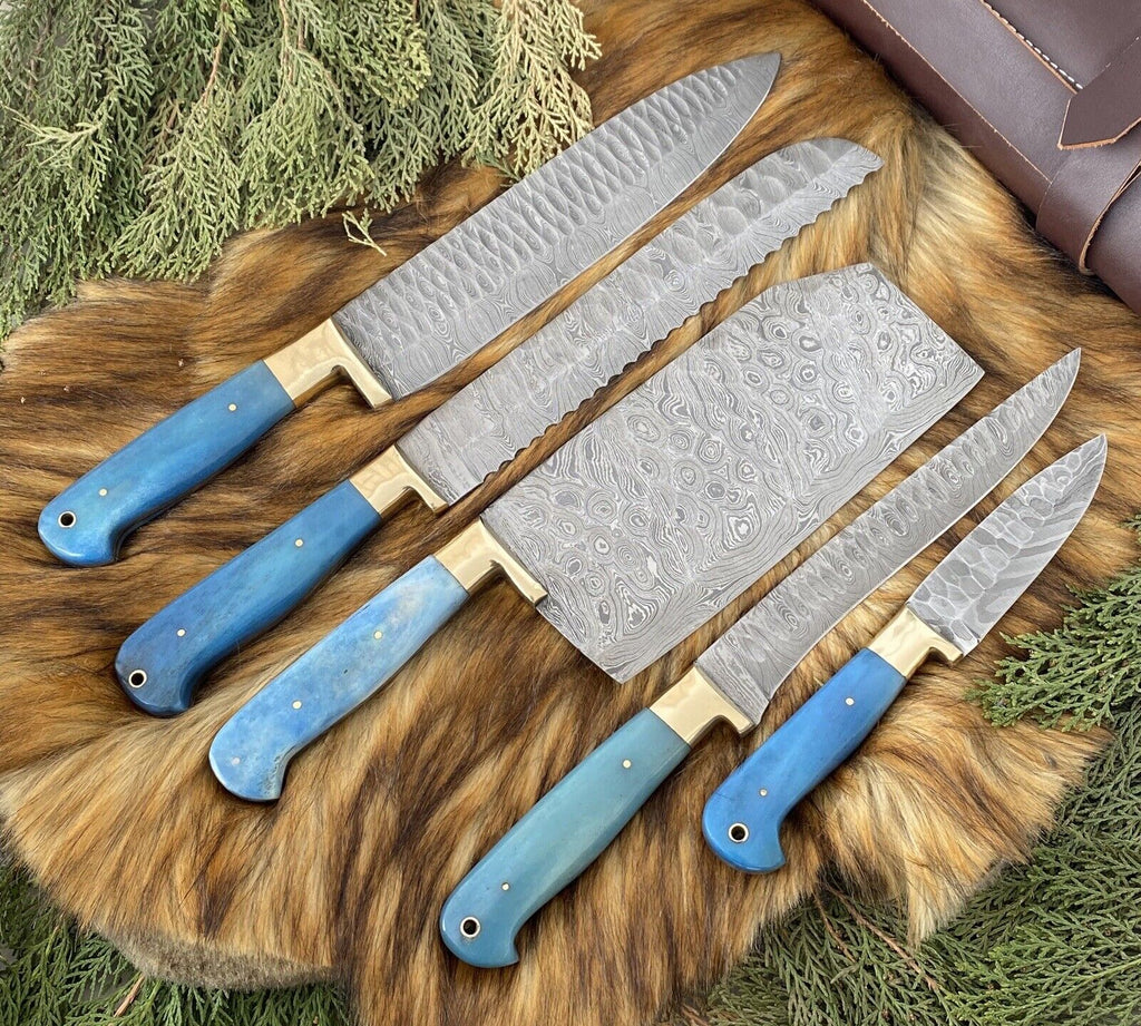 Custom Handmade Damascus Steel Kitchen Knives Set – Camel Bone & Brass Handle, 9-13" Blades
