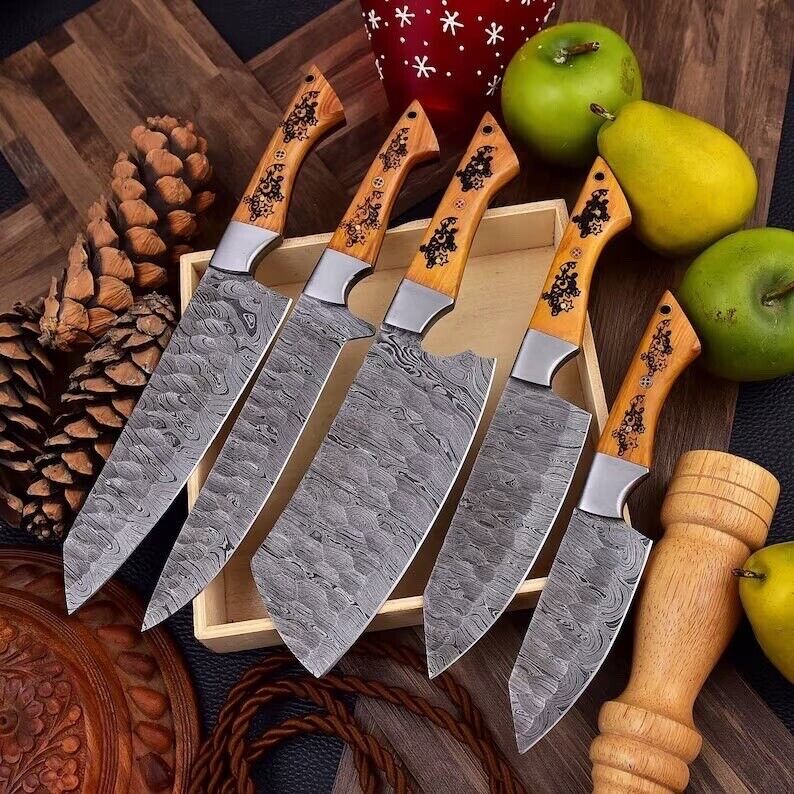 Custom Handmade Damascus Steel Knife Set with Engraved Rosewood Handles