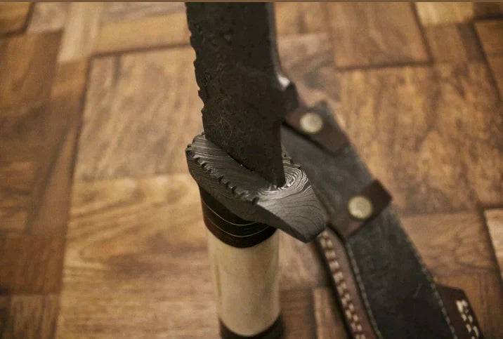 Custom handmade 13-inch Damascus steel Bowie knife with Camel bone handle and matching Damascus guard, crafted by Knives Gear Garage.