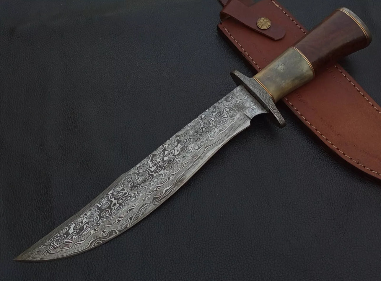 Custom Handmade 15” Bowie Knife with Color Bone Handle & Damascus Steel Guard – Includes Leather Sheath