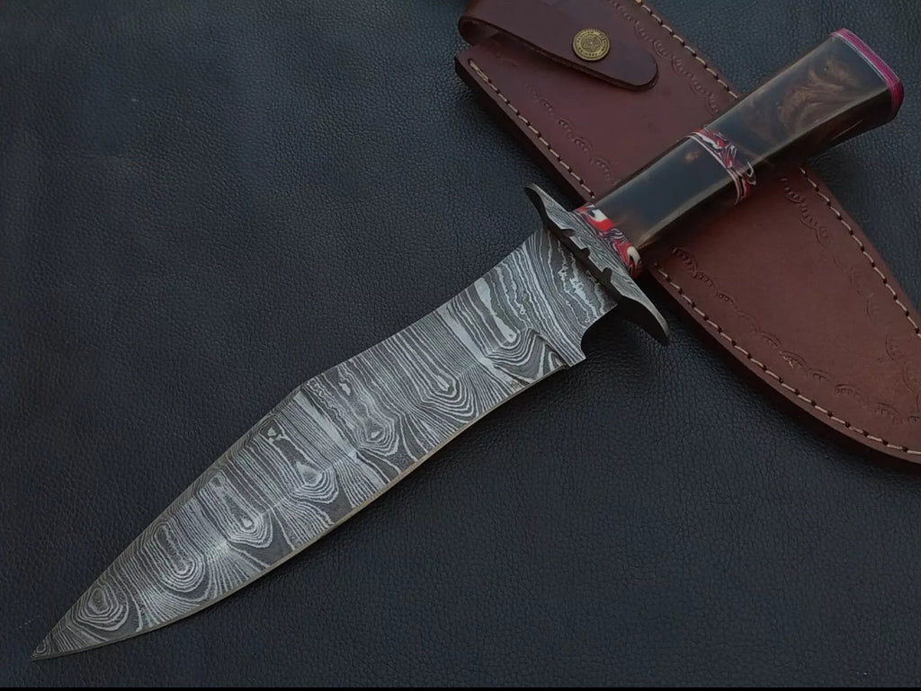 Custom Handmade 15” Bowie Knife with Rosewood Handle & Damascus Steel Guard – Includes Leather Sheath