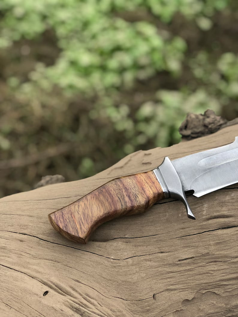 Custom handmade 15-inch D2 steel Bowie knife with acid wash blade, rosewood handle, steel guard, and custom leather sheath.