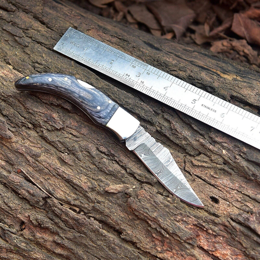 Exclusive Handmade Damascus Pocket Knife – 4" Rosewood Handle with Custom Belt Loop Leather Case