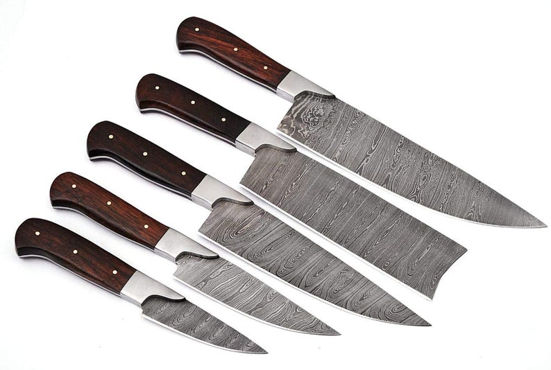 Custom Handmade Damascus Kitchen Knife Set with Rosewood Handles and Twisted Pattern Blades