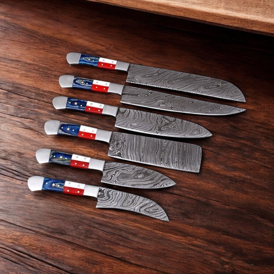 Premium Damascus steel chef knives set with American flag handles from Knives Gear Garage, ideal for seasonal cooking.