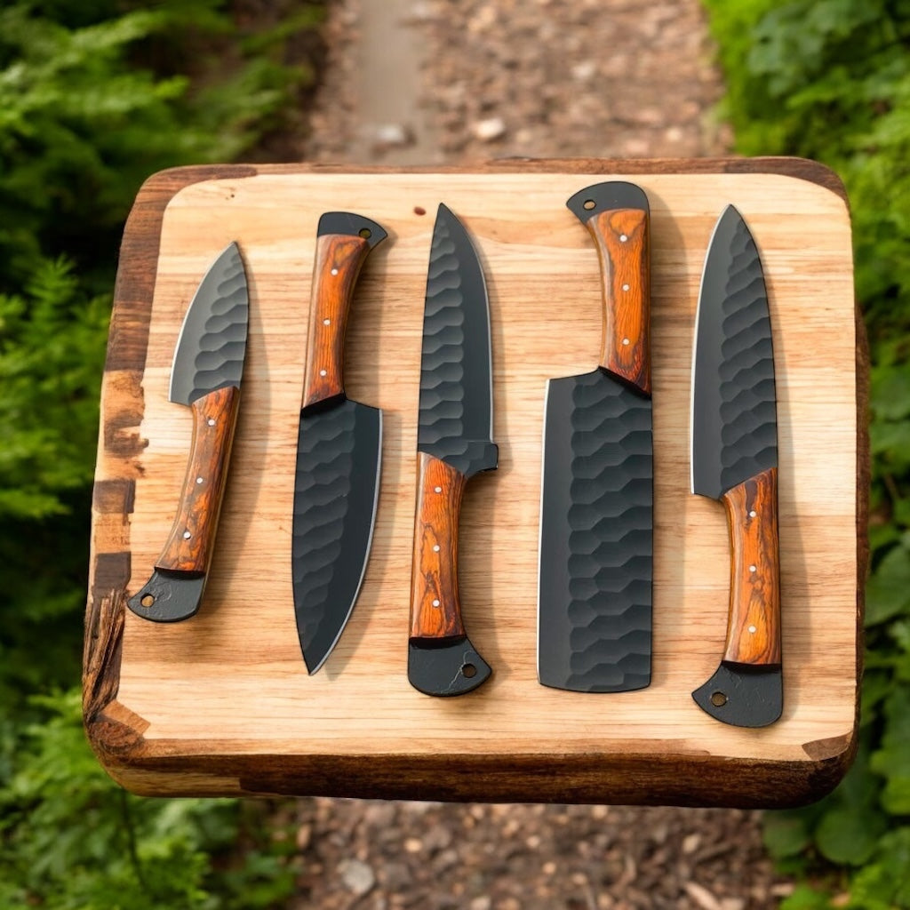 Premium kitchen knife set by Knives Gear Garage with stainless steel blades and Pakkawood handles, ideal for professional chefs.