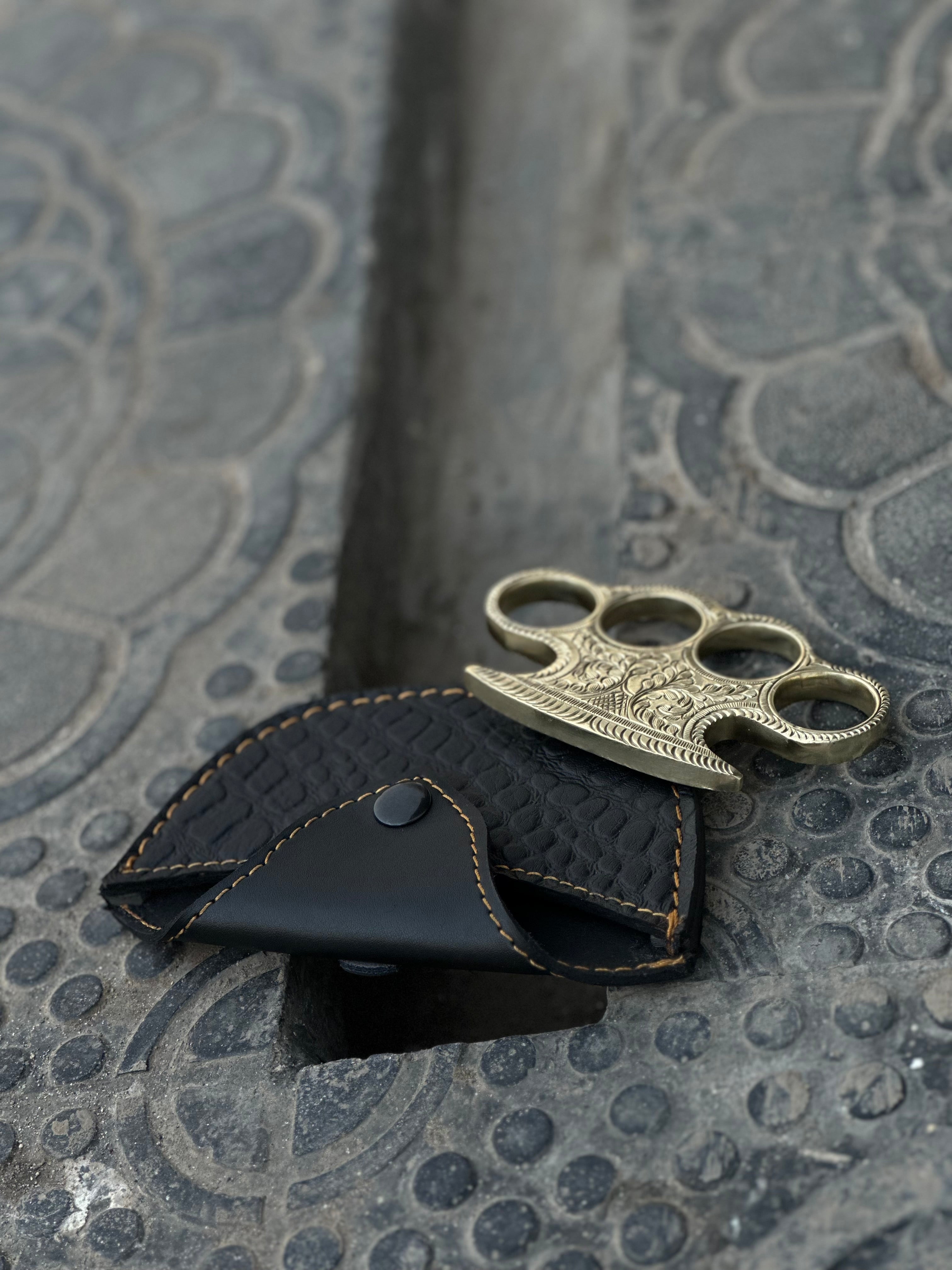 Custom Handmade Engraved Brass Knuckles with Premium Leather Carry Case – Solid Brass EDC Art Piece