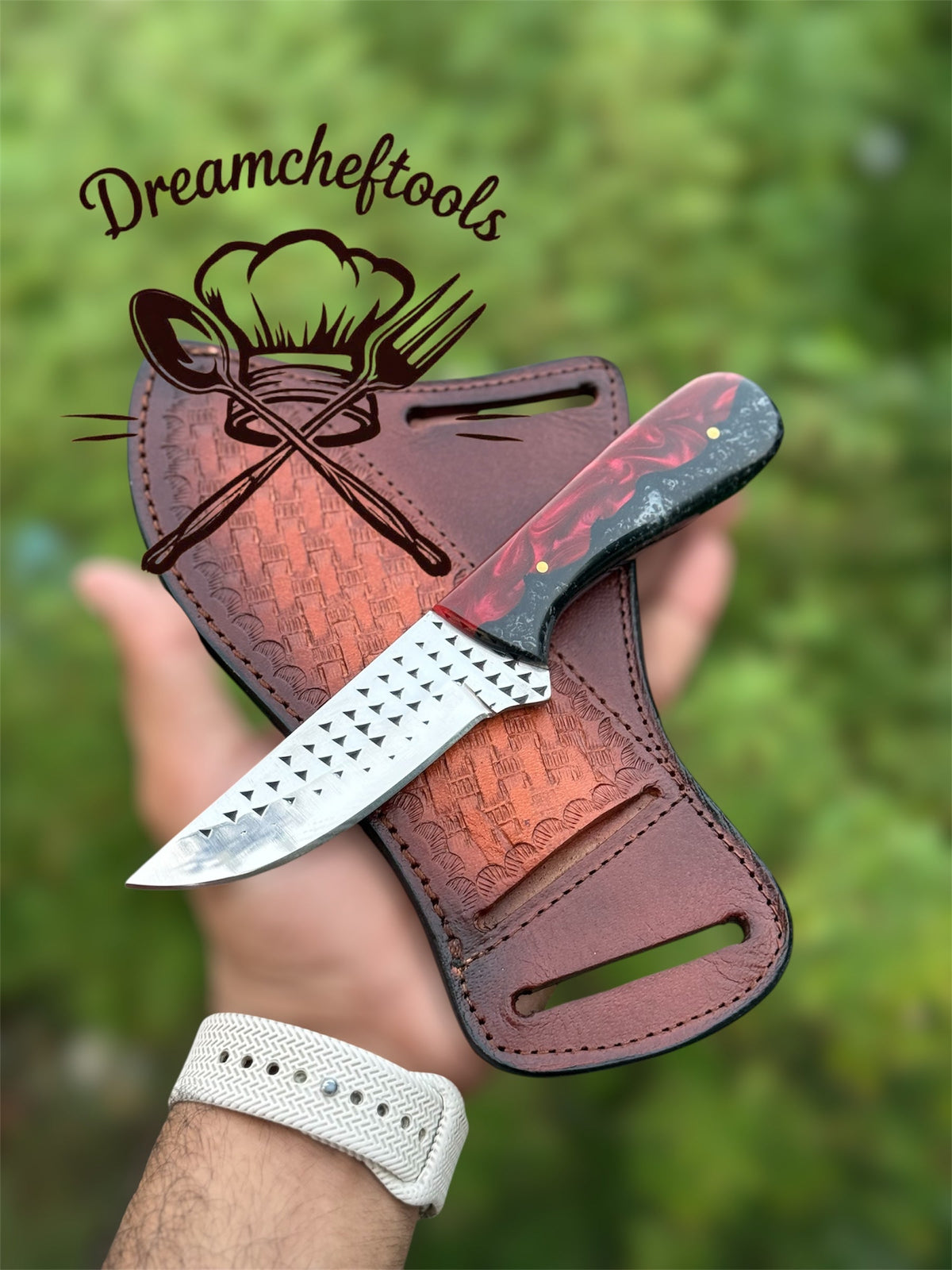 Ranch cowboy knife with an 8-inch rasp steel blade, bloodline resin handle, and matching sheath from Knives Gear Garage.