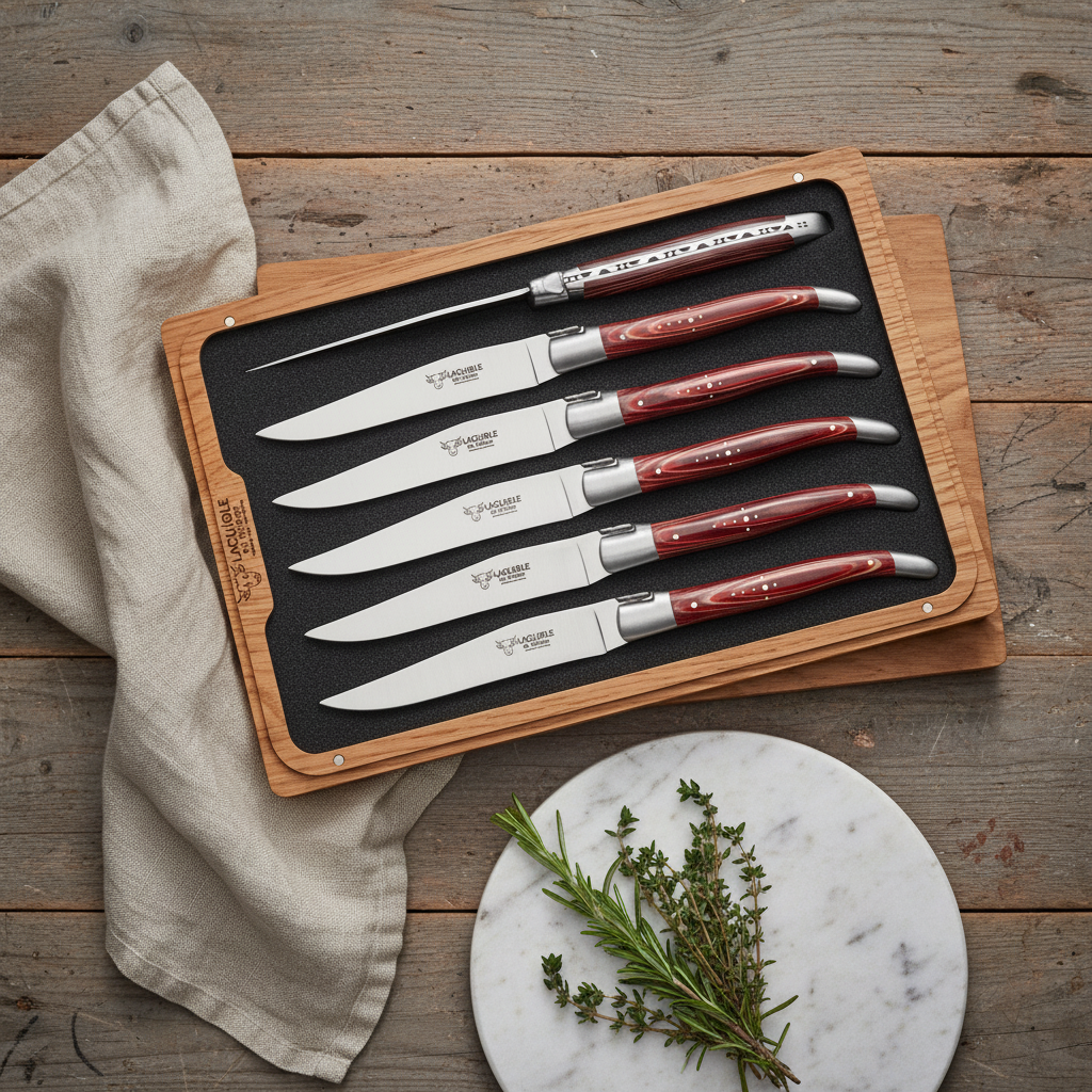 Laguiole en Aubrac Handcrafted 6-Piece Steak Knife Set with Red Pakkawood Handles