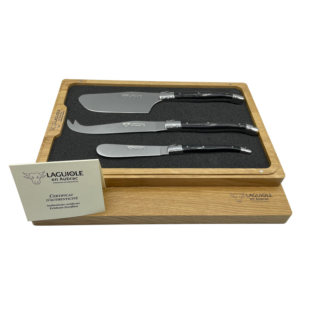Laguiole en Aubrac Handcrafted 3-Piece Cheese Knife Set with Ebony Wood Handles