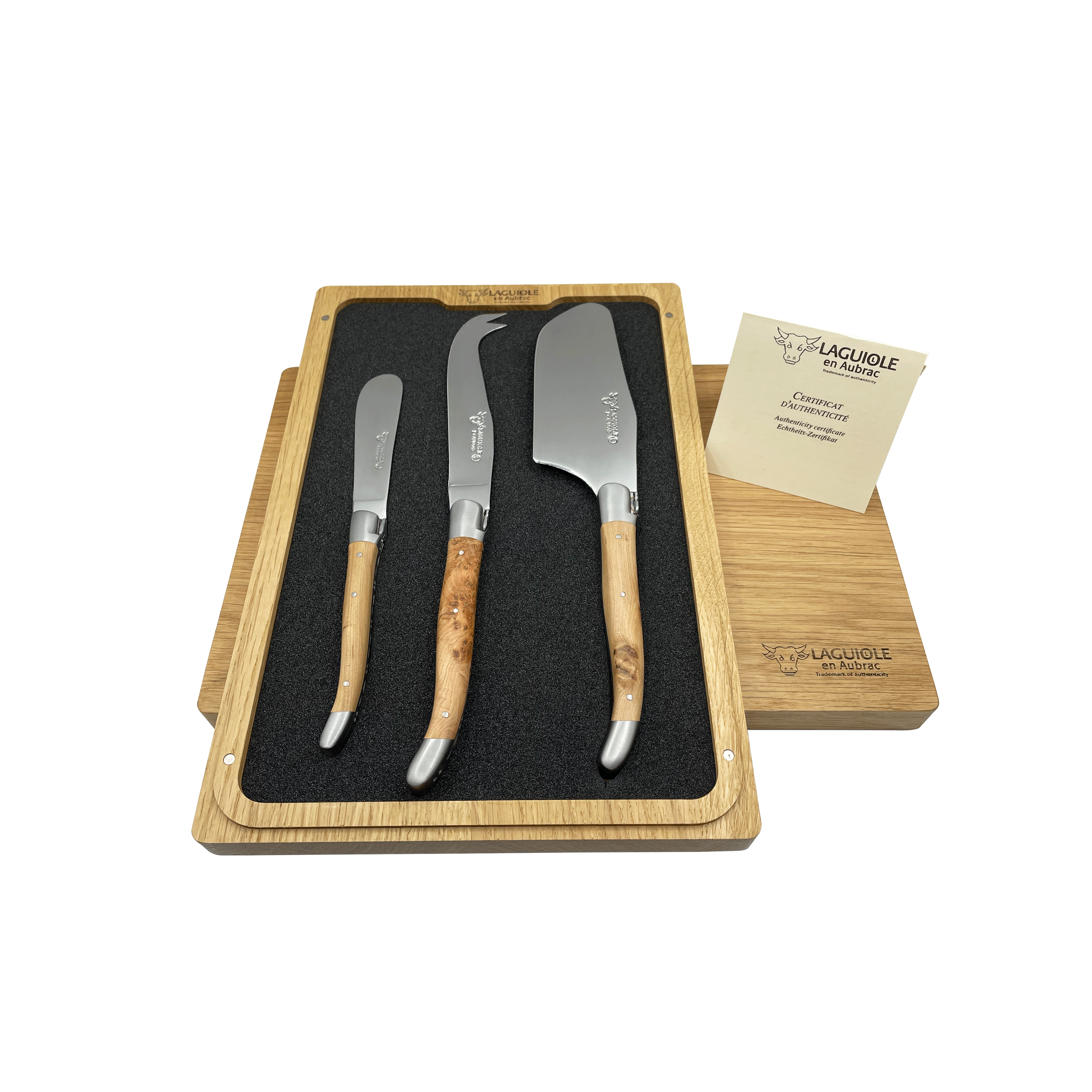 Laguiole en Aubrac Handcrafted 3-Piece Cheese Knife Set with Juniper Wood Handles