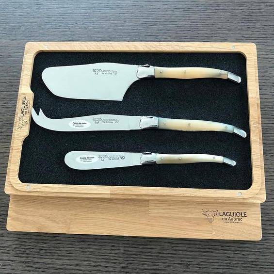 Laguiole en Aubrac Handcrafted 3-Piece Cheese Knife Set with Solid Horn Handles