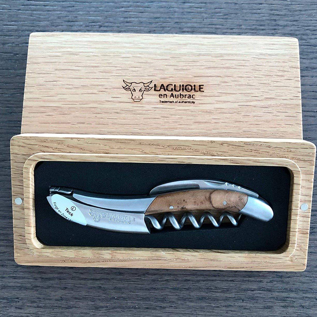 Handcrafted Sommelier Waiter's Corkscrew with Teak Burl Wood Handle, Brushed Bolster by Laguiole en Aubrac