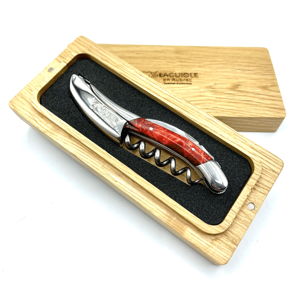 Handcrafted Sommelier Waiter's Corkscrew with Stabilized Red Poplar Burl Handle, Polished Bolster by Laguiole en Aubrac