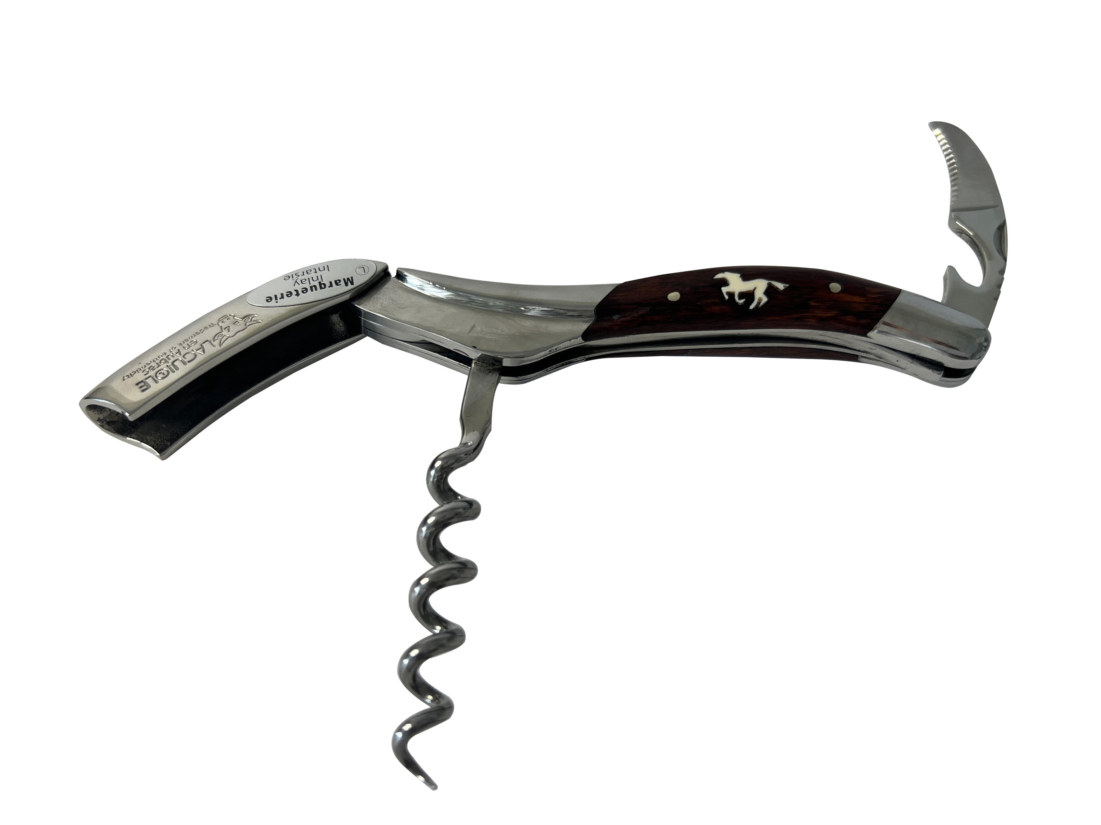 Handcrafted Sommelier Waiter's Corkscrew, Marqueterie Amourette With Inlayed Horse Handle by Laguiole en Aubrac
