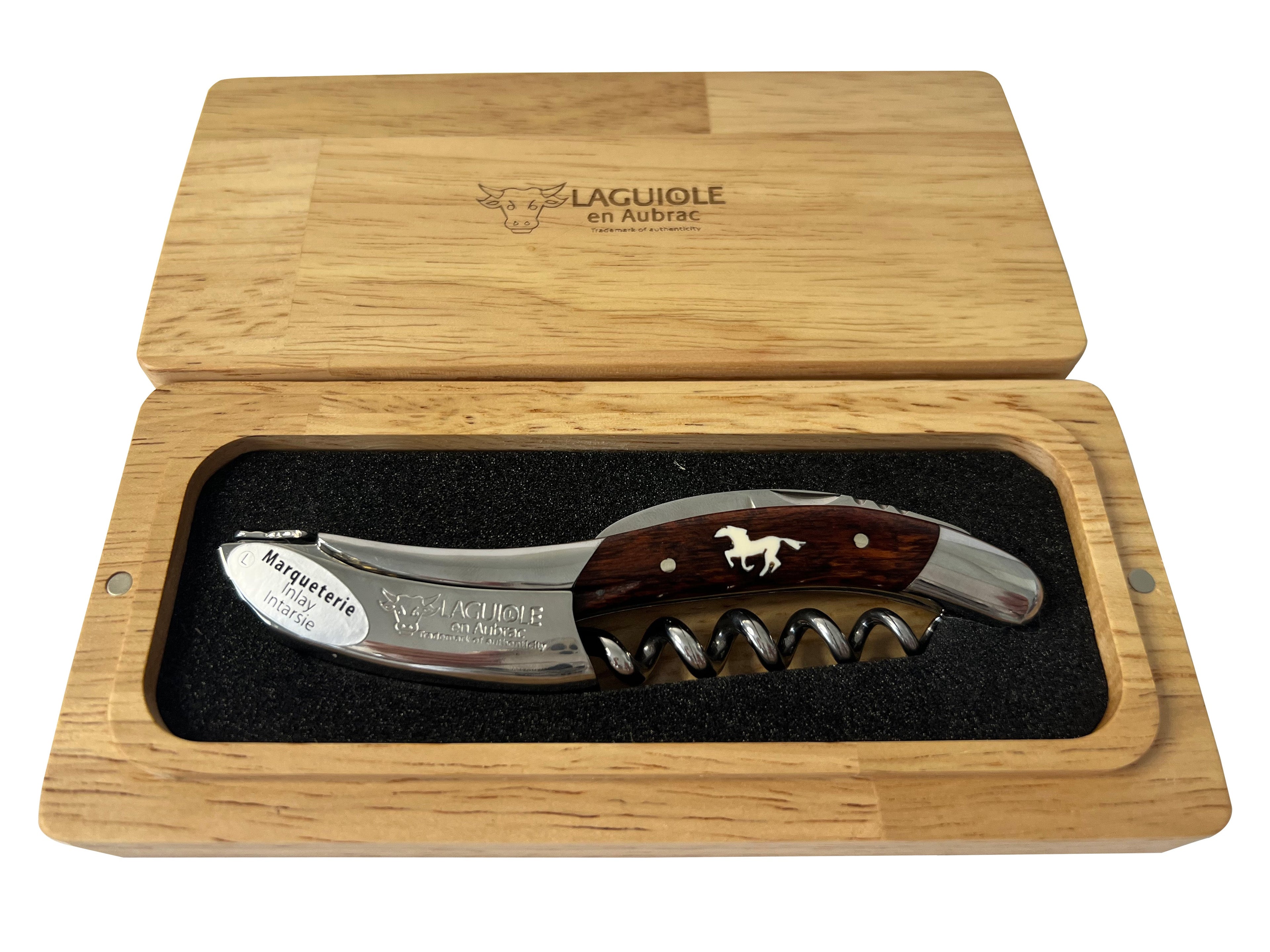 Handcrafted Sommelier Waiter's Corkscrew, Marqueterie Amourette With Inlayed Horse Handle by Laguiole en Aubrac