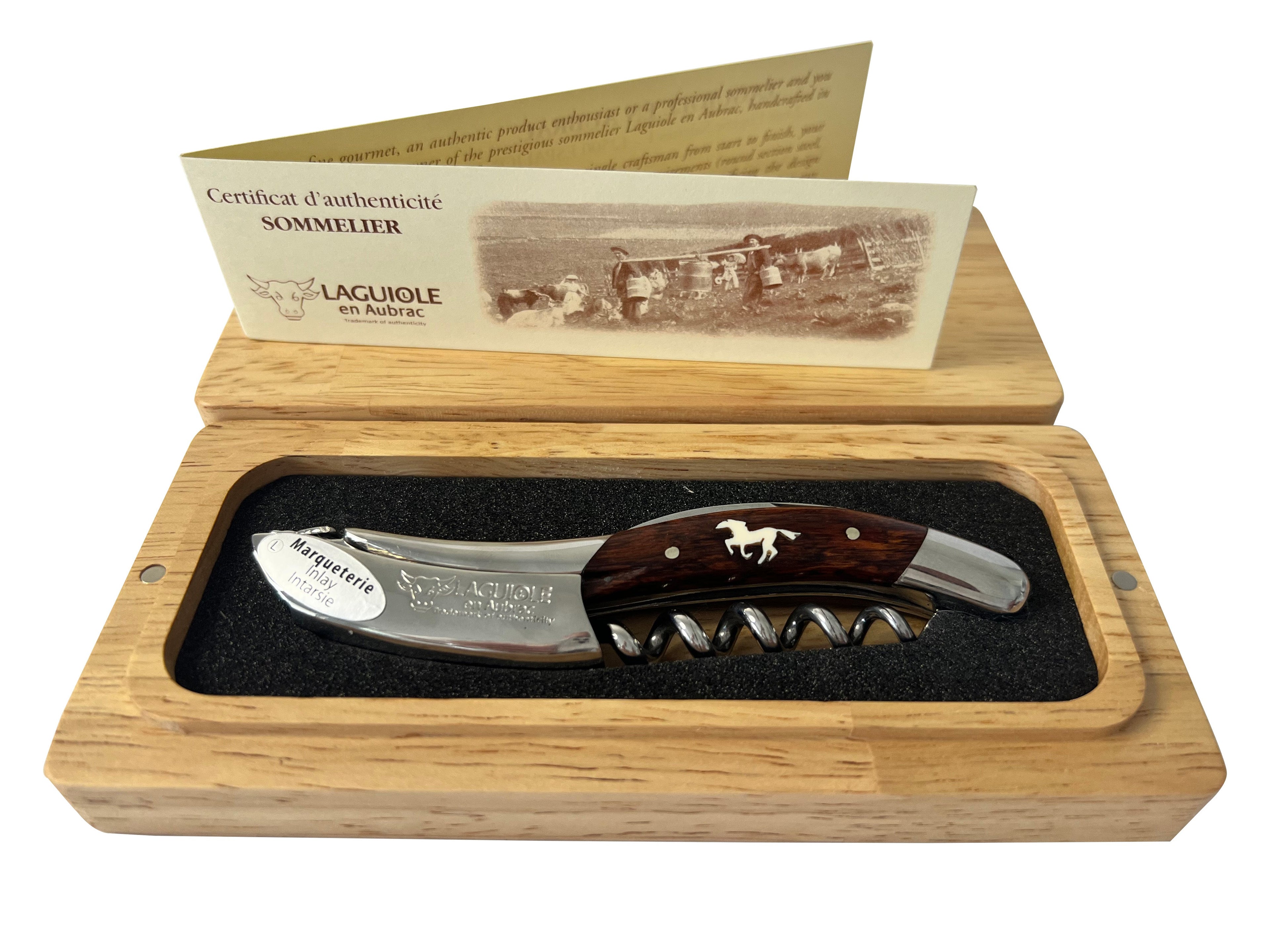 Handcrafted Sommelier Waiter's Corkscrew, Marqueterie Amourette With Inlayed Horse Handle by Laguiole en Aubrac