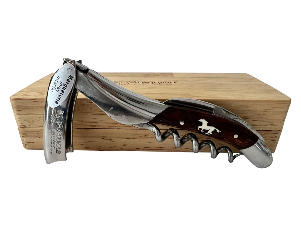 Handcrafted Sommelier Waiter's Corkscrew, Marqueterie Amourette With Inlayed Horse Handle by Laguiole en Aubrac