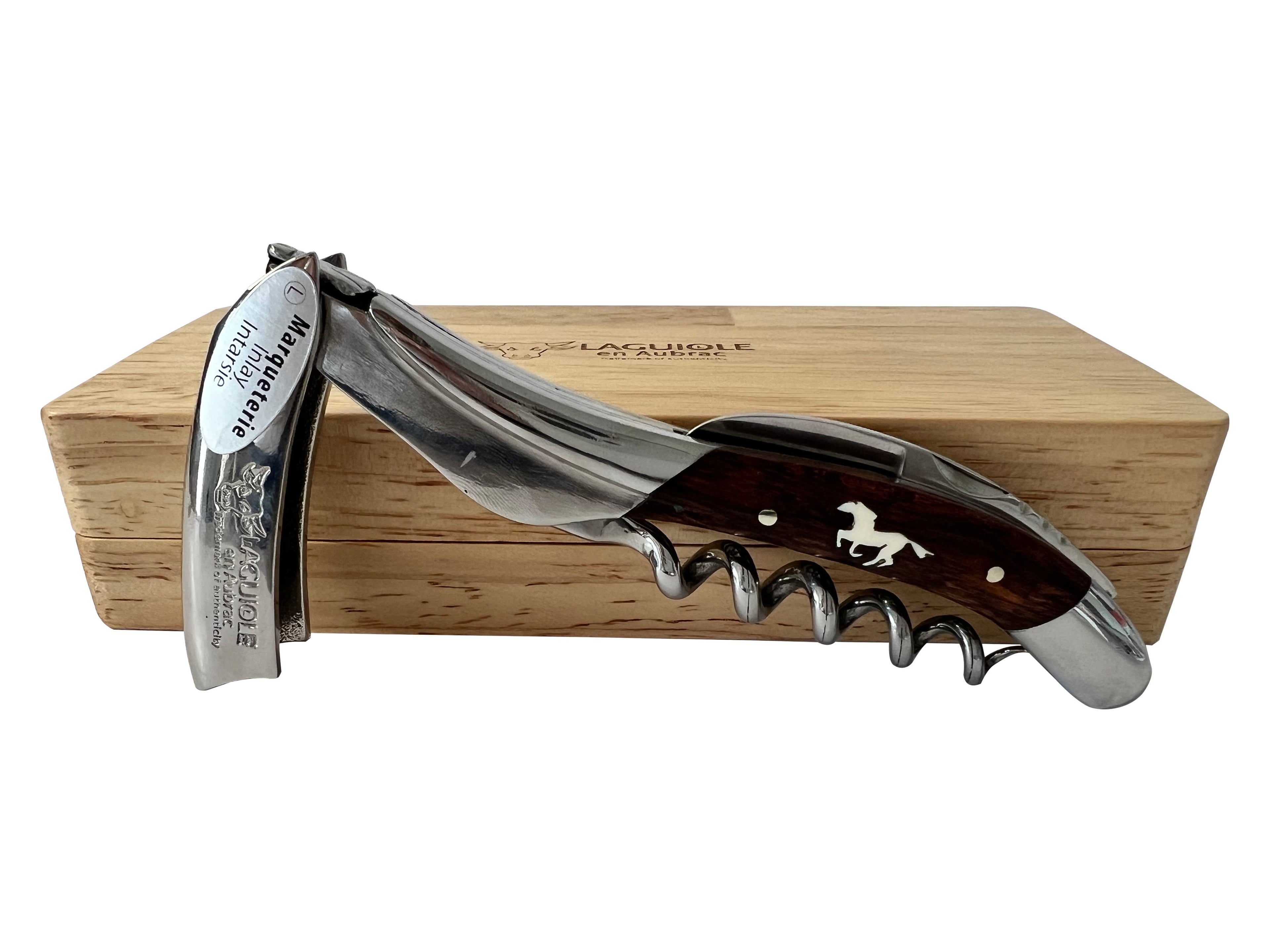 Handcrafted Sommelier Waiter's Corkscrew, Marqueterie Amourette With Inlayed Horse Handle by Laguiole en Aubrac