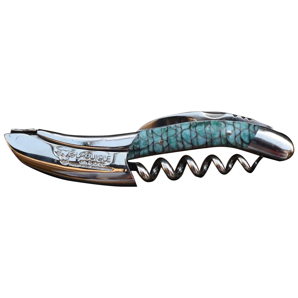 Handcrafted Sommelier Waiter's Corkscrew with Turquoise And Black Paper Waves Handle by Laguiole en Aubrac