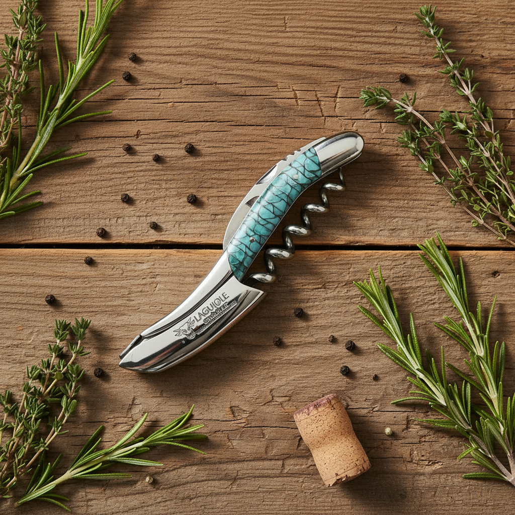 Handcrafted Sommelier Waiter's Corkscrew with Turquoise And Black Paper Waves Handle by Laguiole en Aubrac
