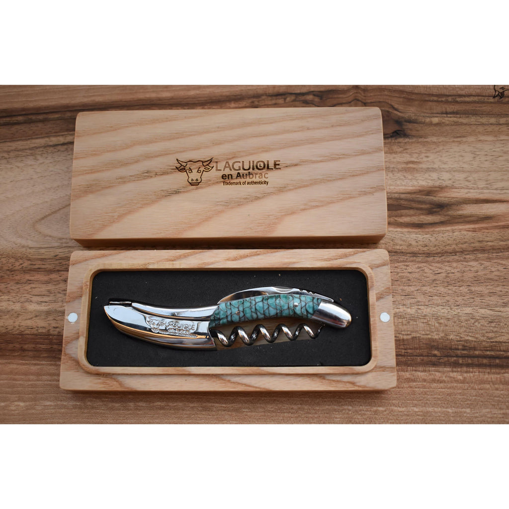 Handcrafted Sommelier Waiter's Corkscrew with Turquoise And Black Paper Waves Handle by Laguiole en Aubrac
