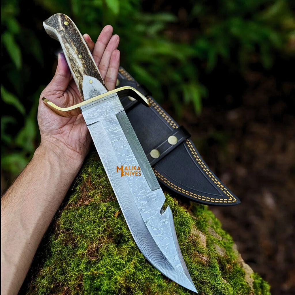 SS Damascus Gut Hook Bowie Knife Stag Antler Handle Sheath