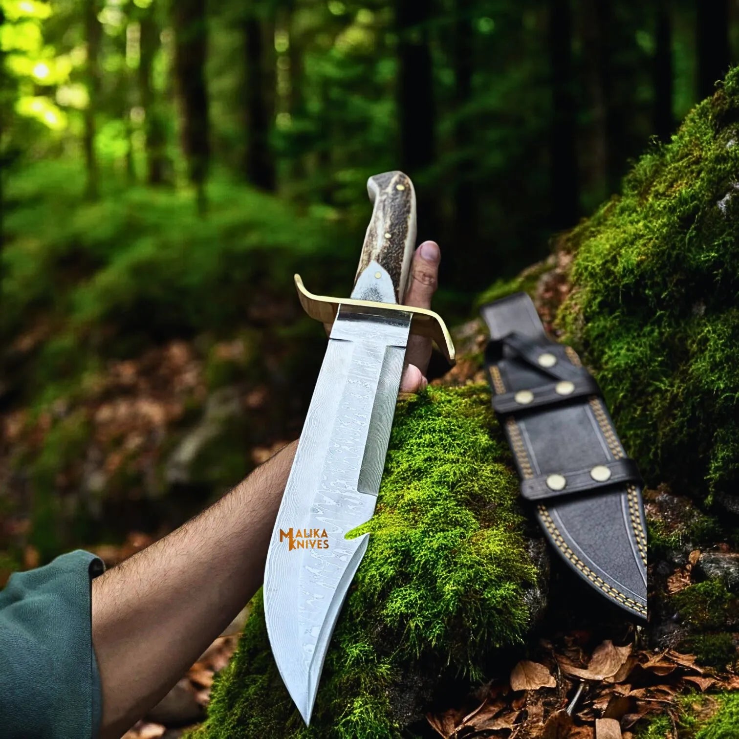 SS Damascus Gut Hook Bowie Knife Stag Antler Handle Sheath