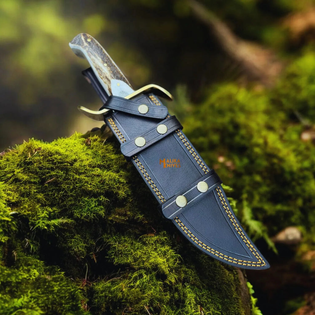 SS Damascus Gut Hook Bowie Knife Stag Antler Handle Sheath