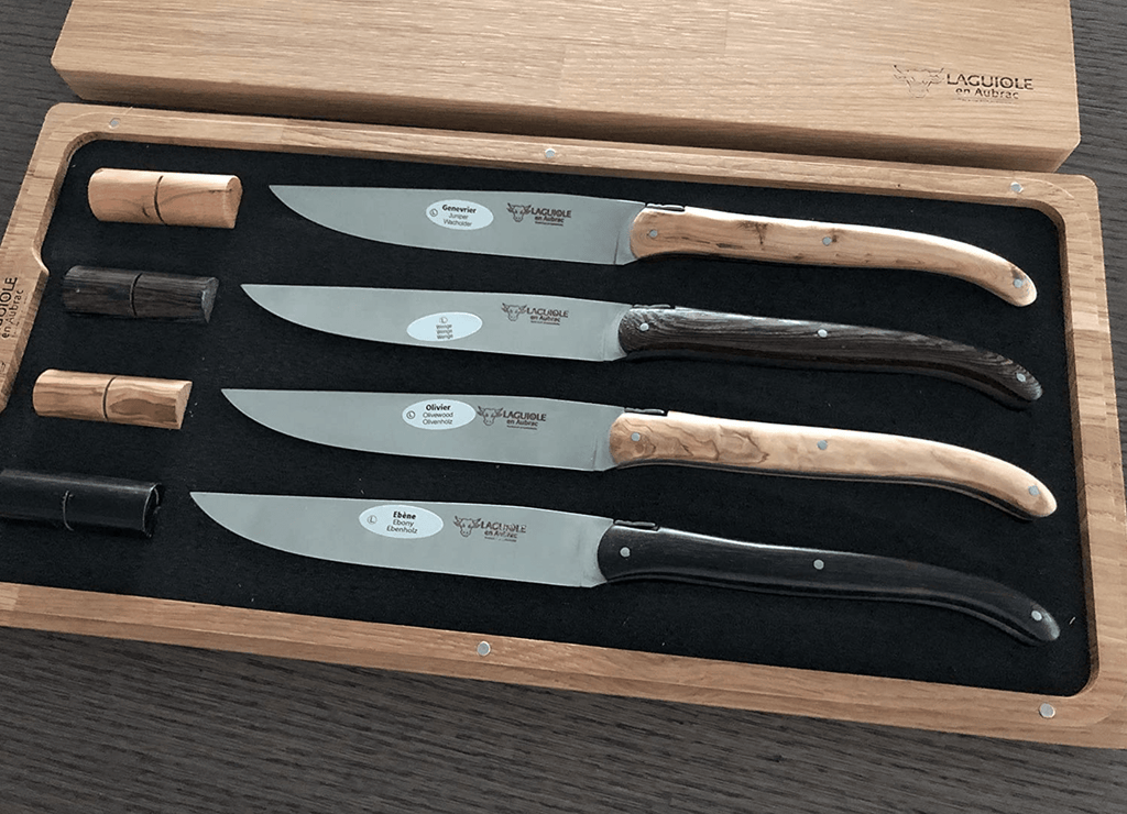 Laguiole en Aubrac Steak House Handcrafted 4-Piece Steak Knife Set with Mixed Woods Handles