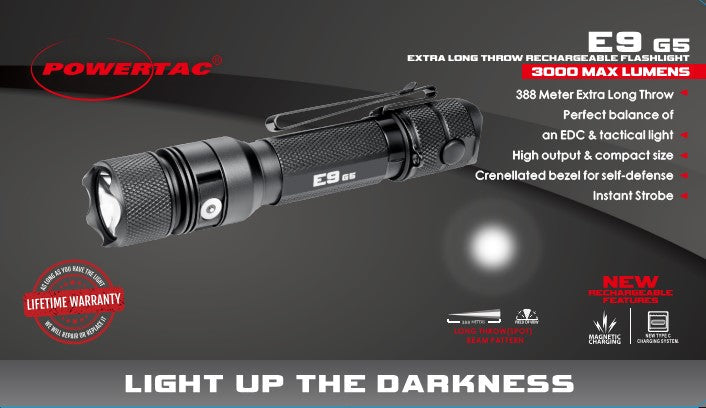 E9 GEN5 + Spare Battery Power Bundle in Hard Shell Case - 3,000 Lumen Tactical Flashlight with Backup Power