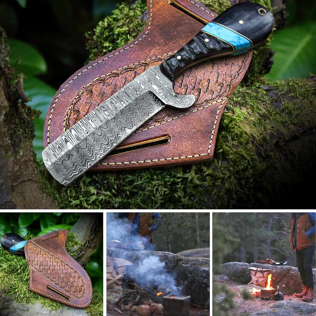 Custom Handmade Bull Knife – Damascus Steel with Turquoise Handle