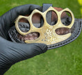 Custom Handmade Solid Brass Engraved Knuckle Duster with Leather Belt Case – Premium Self Defense Gift for Men