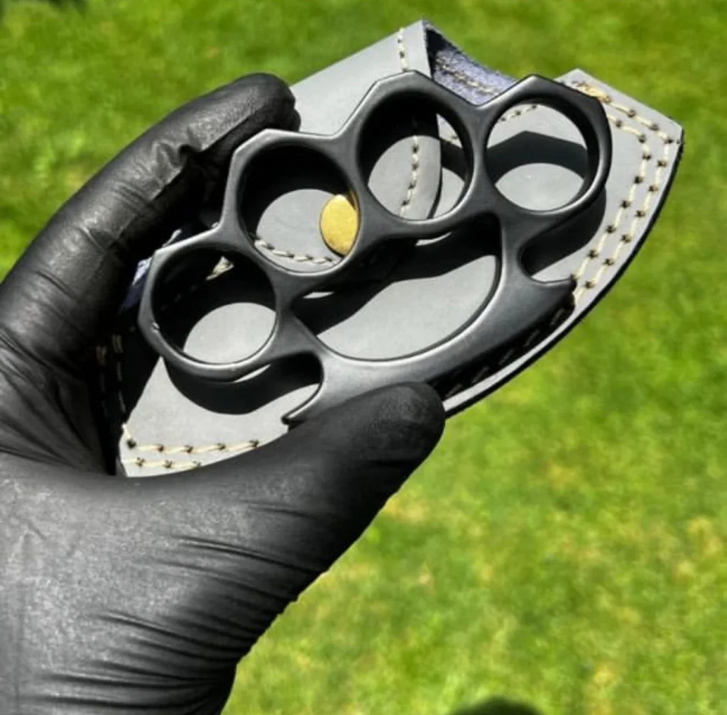 Custom Hand-Casted Black Brass Knuckle Duster with Leather Belt Case