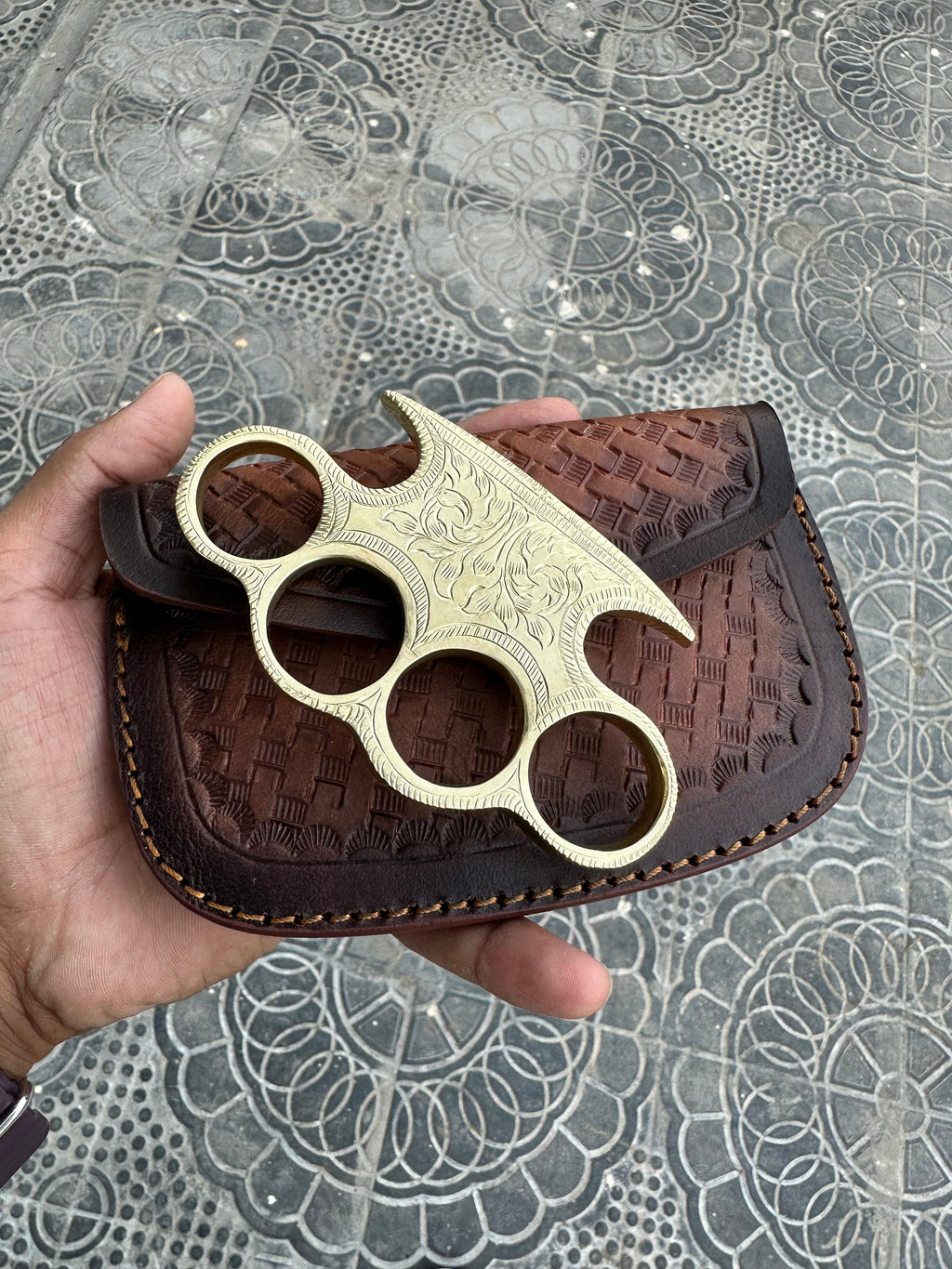 Handmade Engraved Brass Knuckle with Belt Loop Leather Case - Personalized Solid Brass Duster for Self-Defense and Everyday Carry