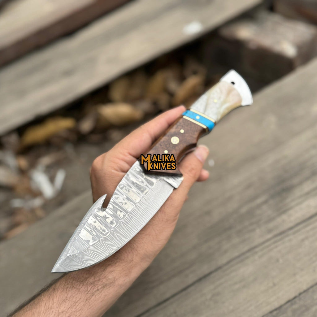 Damascus Gut Hook Hunting Knife with Wood Handle & Sheath