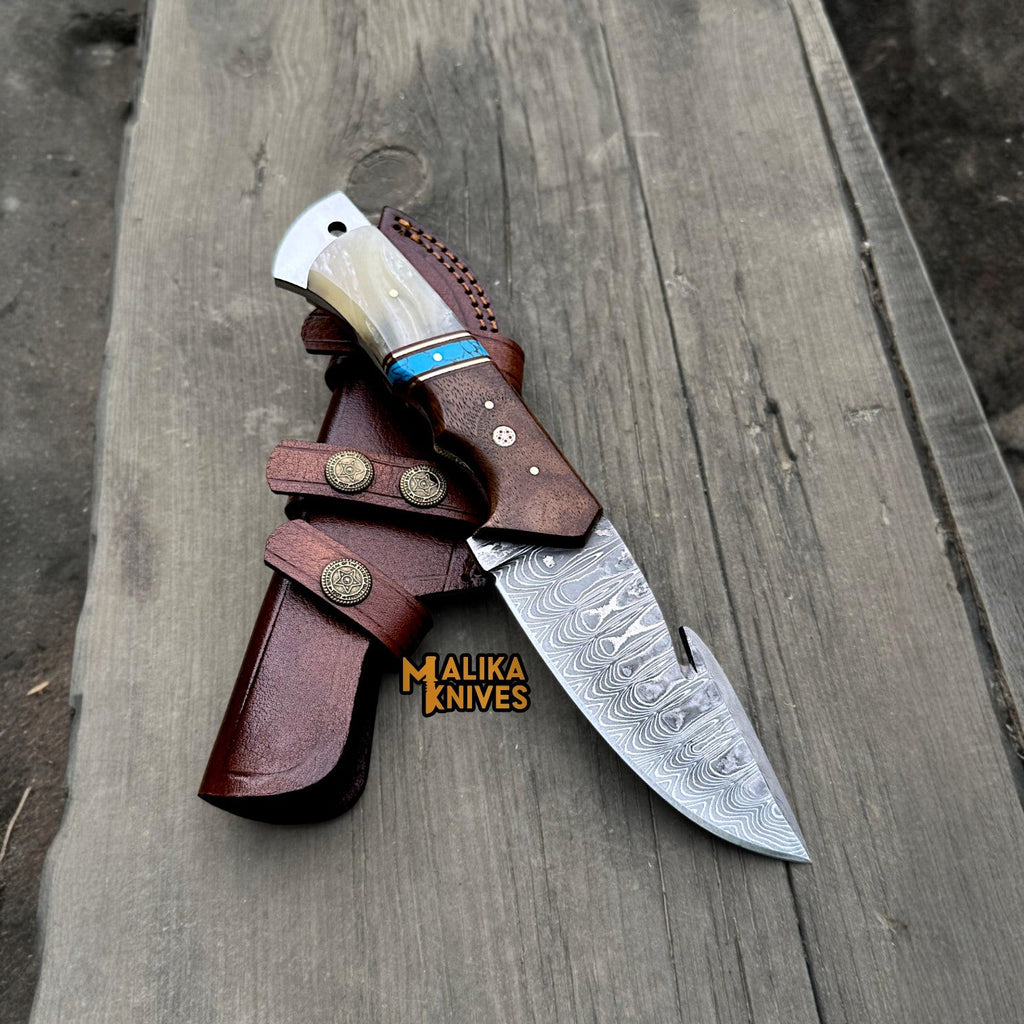Damascus Gut Hook Hunting Knife with Wood Handle & Sheath